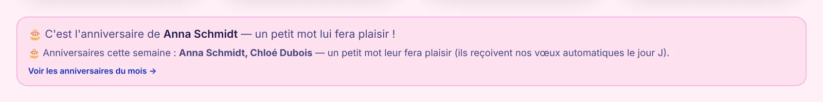 Encadré du tableau de bord : c'est l'anniversaire d'Anna Schmidt aujourd'hui, et les anniversaires de la semaine