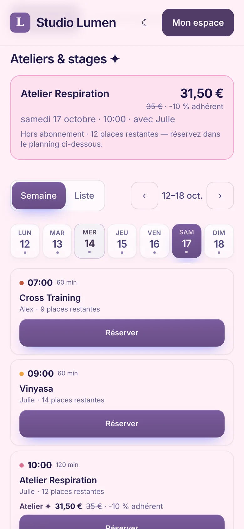 Atelier vu par un adhérent sur mobile : prix remisé de 31,50 € au lieu de 35 €, mention -10 % adhérent