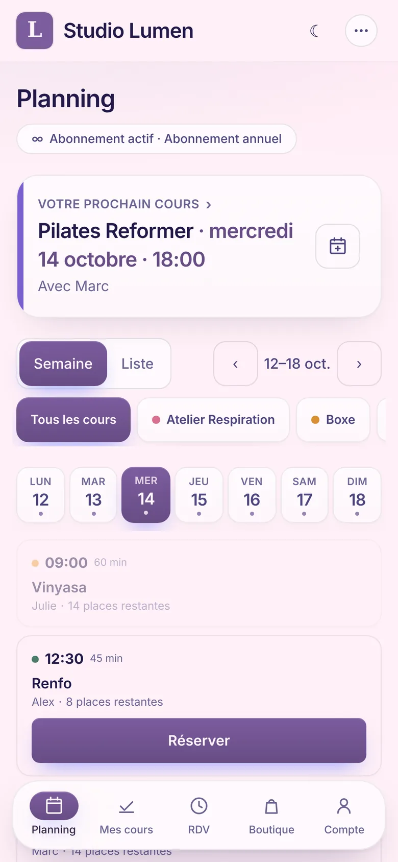 Planning de l'adhérent sur mobile : prochain cours, onglets des jours et séances du jour