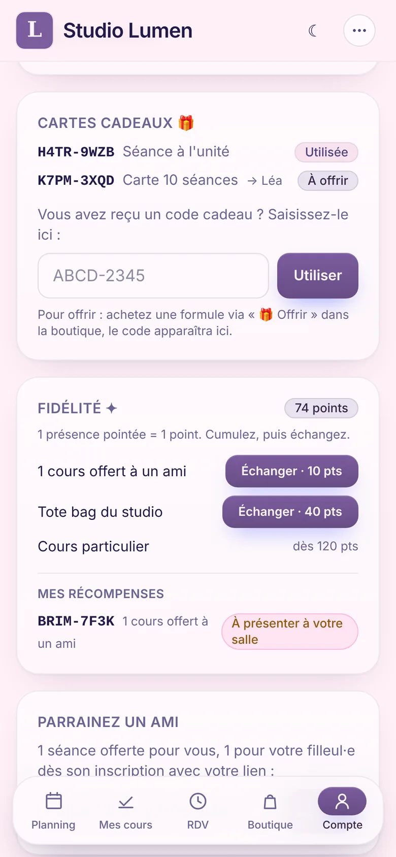 Page Mon compte : cartes cadeaux achetées avec leur code, l'une utilisée, l'autre à offrir, et le champ pour saisir un code reçu