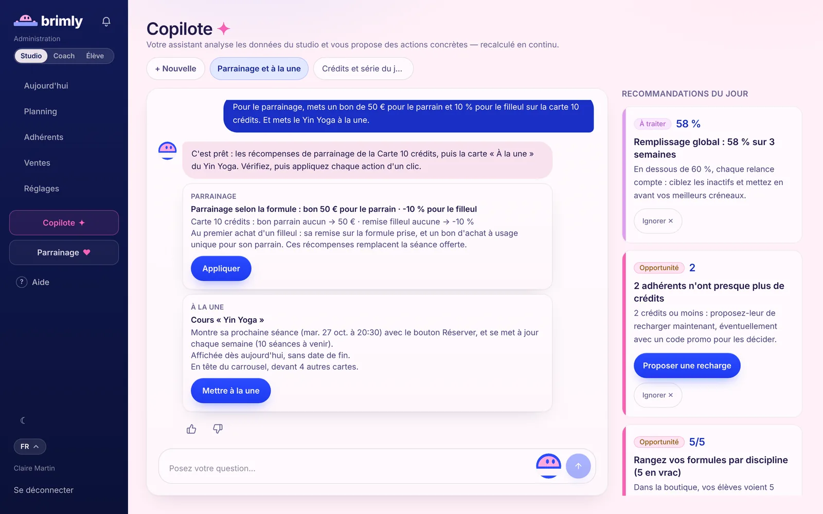 Copilote : carte Parrainage (Carte 10 crédits, bon parrain aucun → 50 €, remise filleul aucune → -10 %) et carte À la une pour le cours Yin Yoga