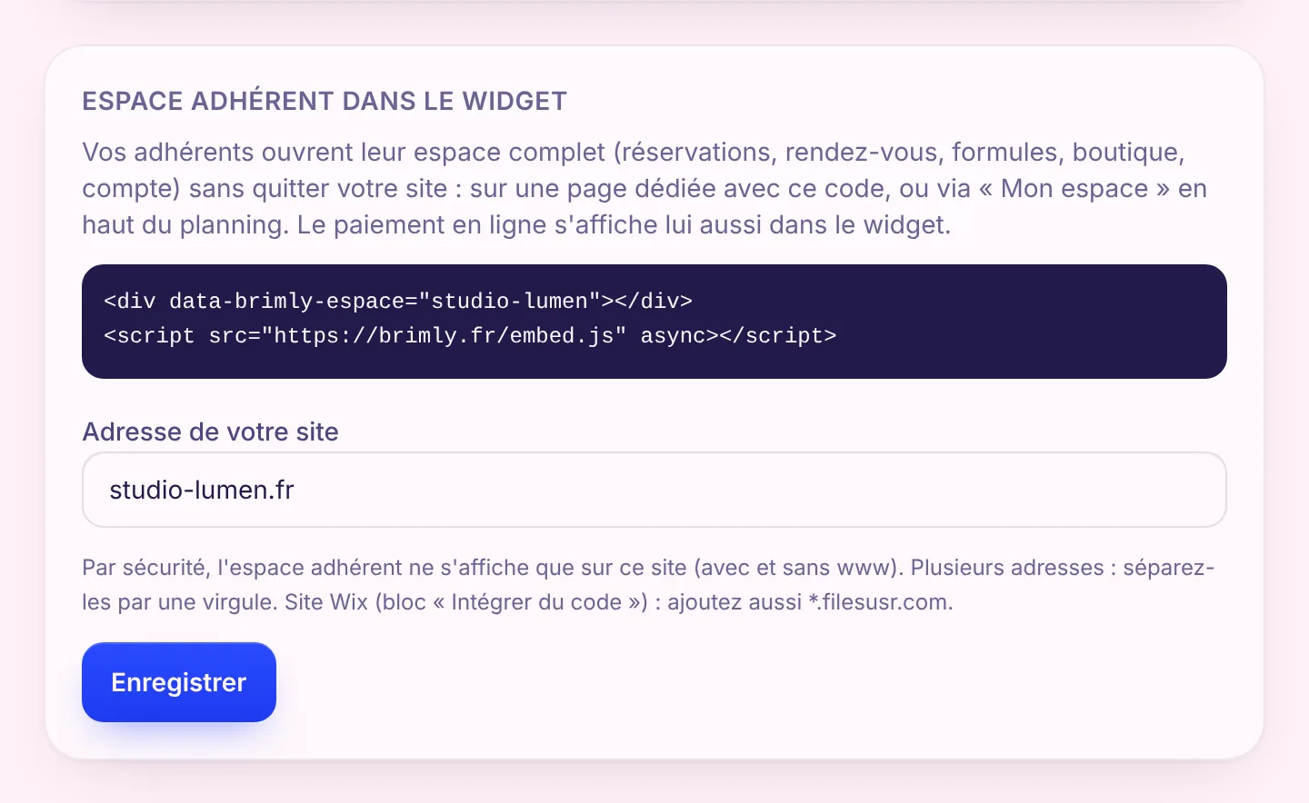 Réglages, Page publique : carte Espace adhérent dans le widget, avec le code à copier et le champ Adresse de votre site rempli