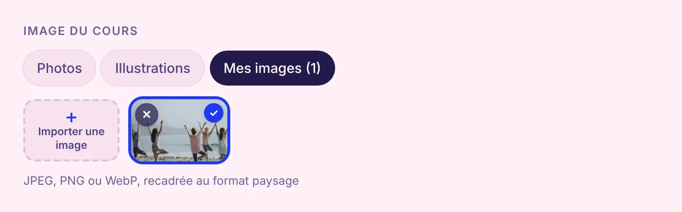 Onglet Mes images : tuile Importer une image et une photo importée par la salle, choisie pour le cours