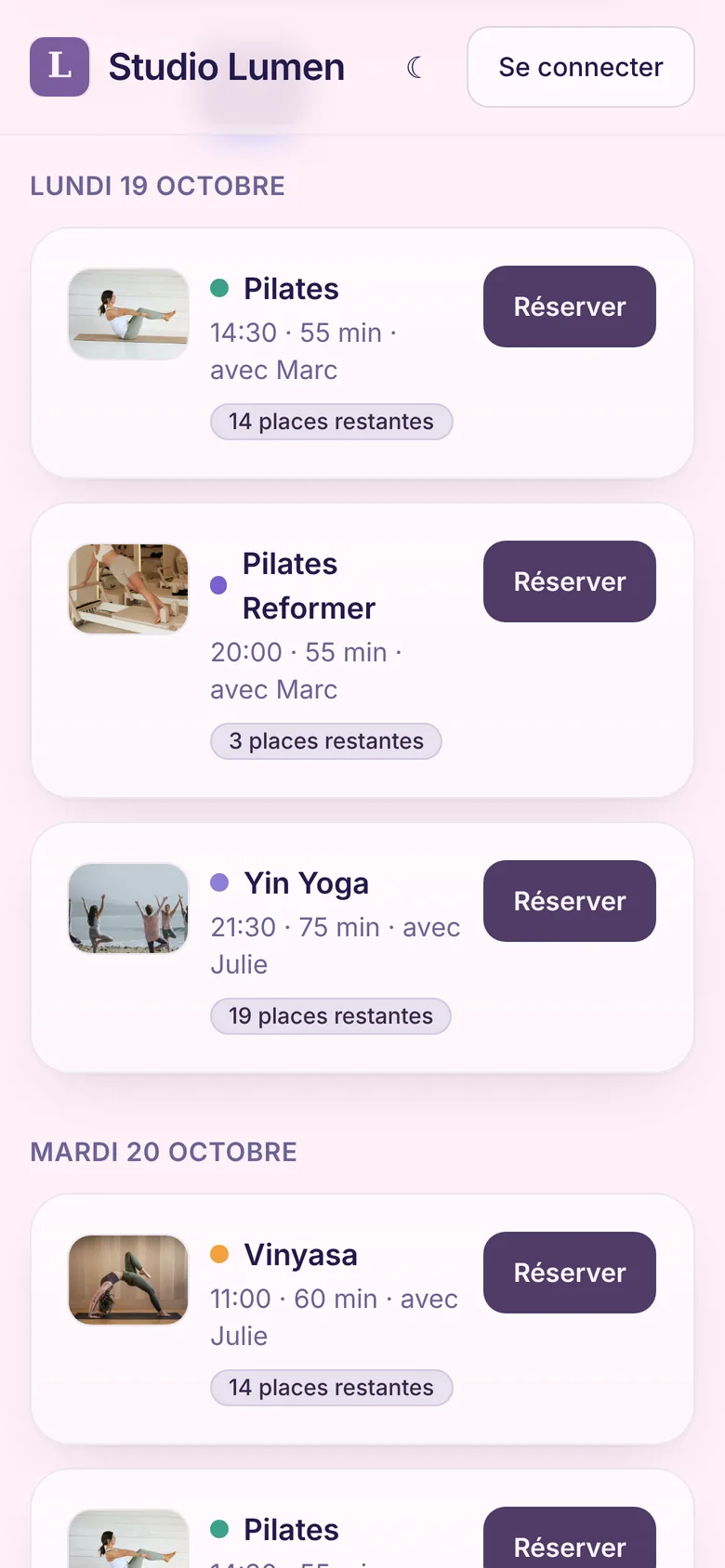Page publique d'un studio sur téléphone, vue Liste : chaque cours affiche sa photo