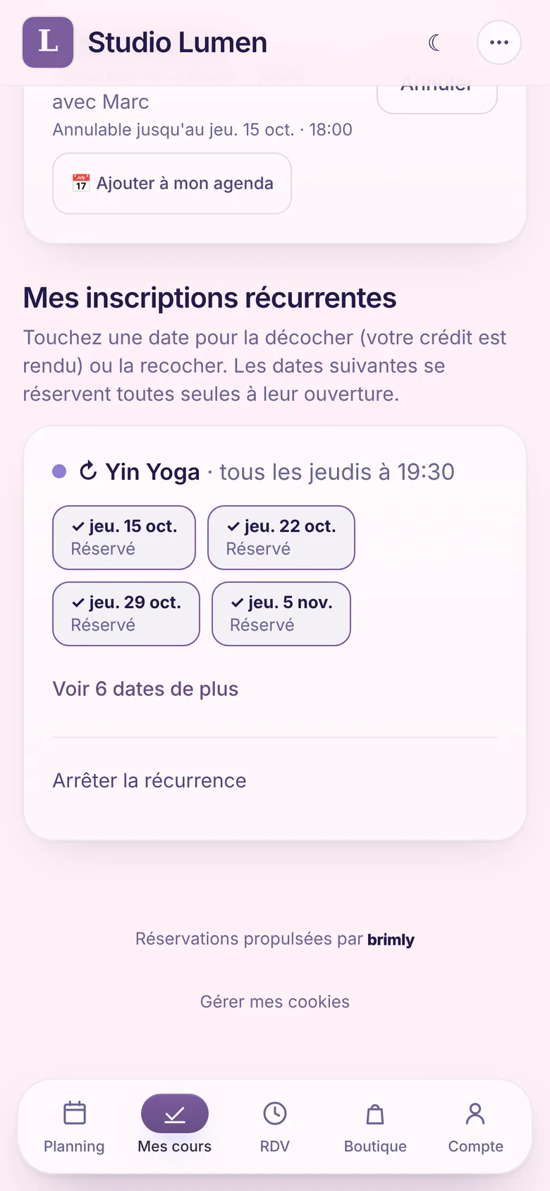 Page Mes cours : rubrique « Mes inscriptions récurrentes » avec les jeudis réservés et le lien pour arrêter la récurrence