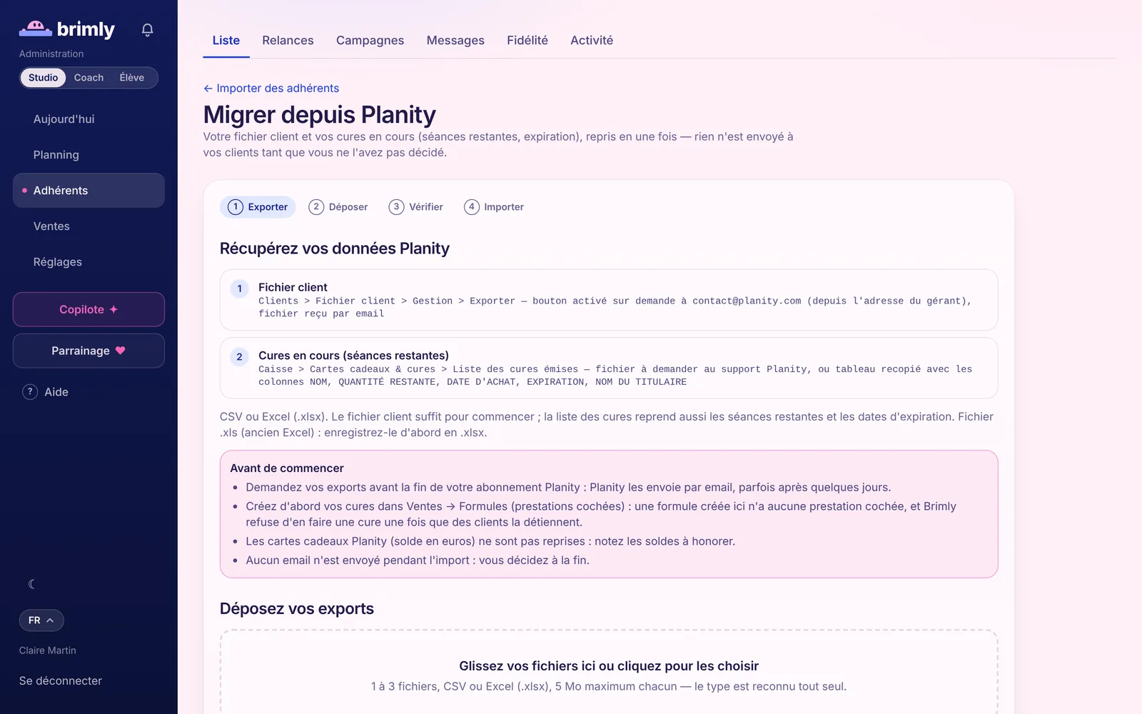 Assistant « Migrer depuis Planity » : demande d'export du fichier client à Planity et liste des cures émises à déposer