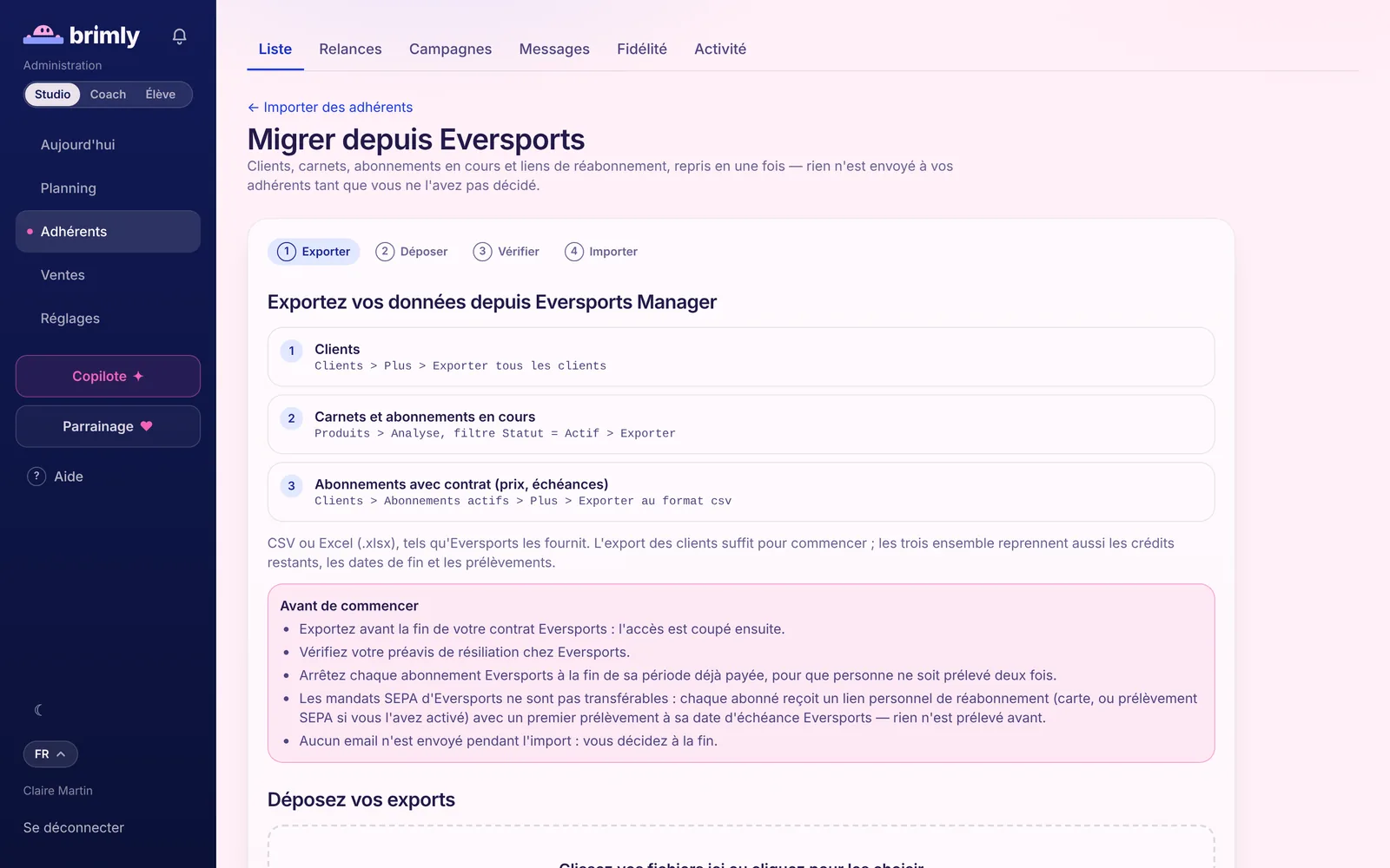 Assistant « Migrer depuis Eversports » : étapes Exporter, Déposer, Vérifier, Importer et liste des exports à faire