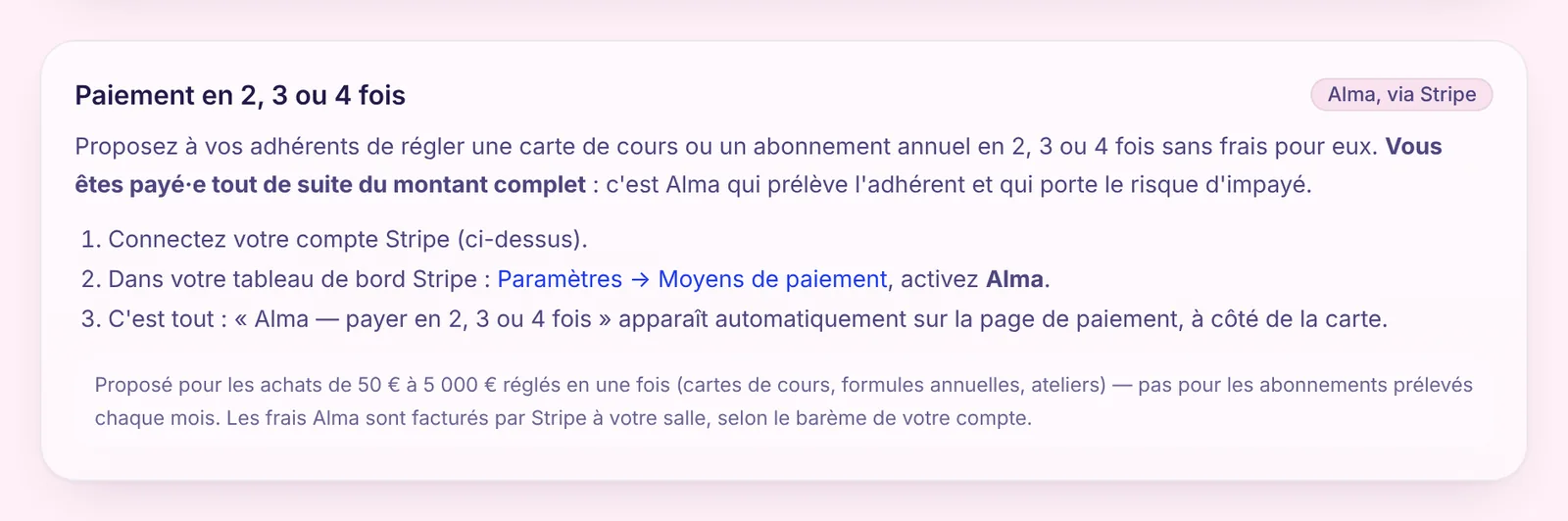 Carte « Paiement en 2, 3 ou 4 fois » de la page Encaissements : trois étapes pour activer Alma dans Stripe