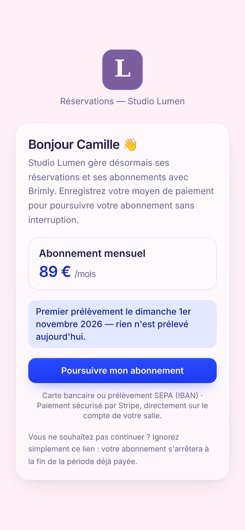 Page de réabonnement d'une adhérente : abonnement mensuel à 89 €, date du premier prélèvement, bouton « Poursuivre mon abonnement », carte ou prélèvement SEPA