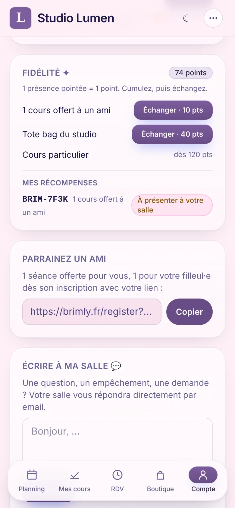 Page Mon compte : solde de 74 points, récompenses à échanger et code à présenter au studio