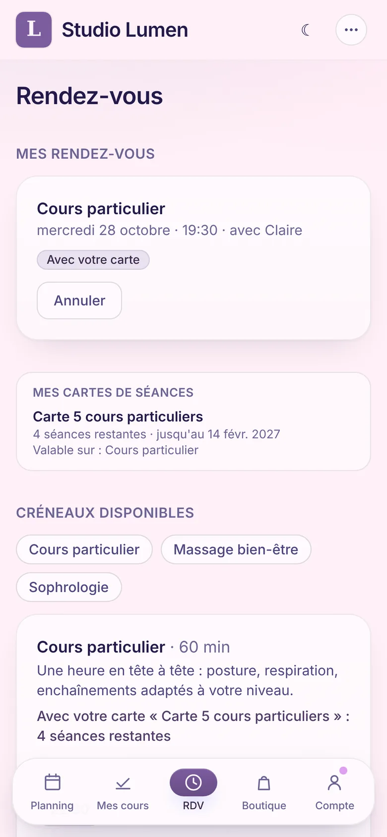 Téléphone : page Rendez-vous d'une élève, son cours particulier du mercredi avec Claire réglé « Avec votre carte » et l'encadré Mes cartes de séances (Carte 5 cours particuliers, 4 séances restantes)