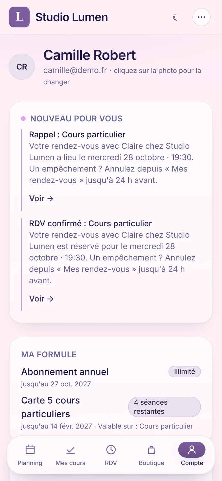 Téléphone : compte de l'élève, rubrique Nouveau pour vous avec « Rappel : Cours particulier » et « RDV confirmé : Cours particulier », le jour, l'heure, l'intervenante et le délai d'annulation